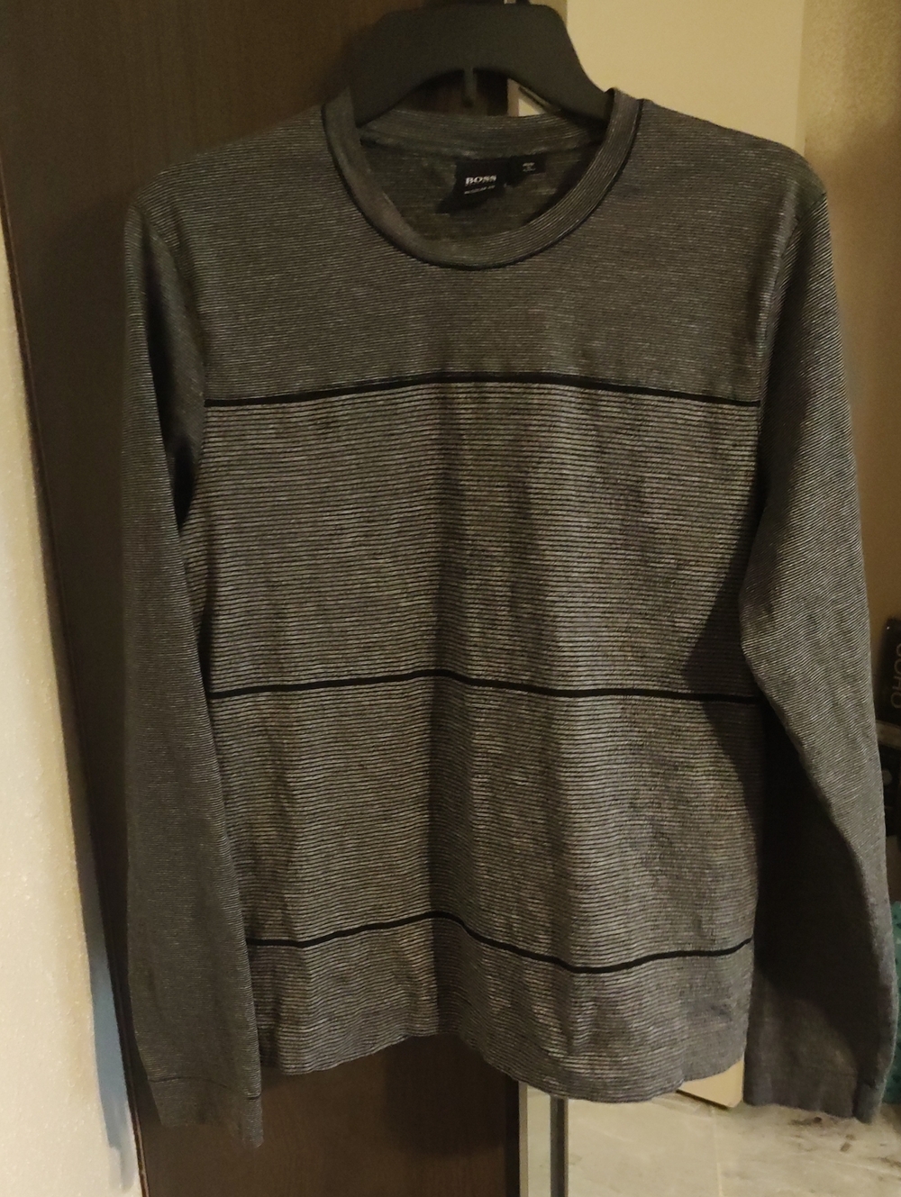Hugo Boss Charcoal Gray Crewneck Sweater with Subtle Stripes